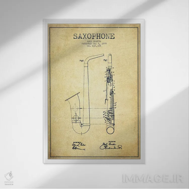تابلو طرح ثبت اختراع ساکسوفون (کهنه) اثر پیکسل کهنه (استودیو/نام هنری) - نمای قابدار سفید