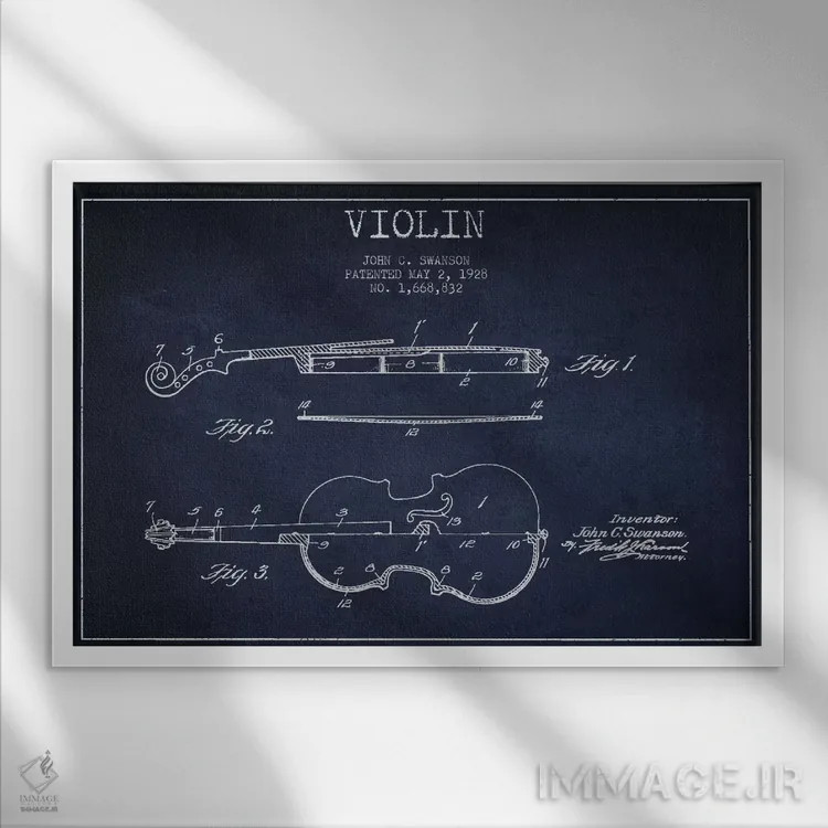 تابلو طرح ثبت اختراع ویولن (آبی نفتی) اثر پیکسل کهنه (استودیو/نام هنری) - نمای قابدار سفید