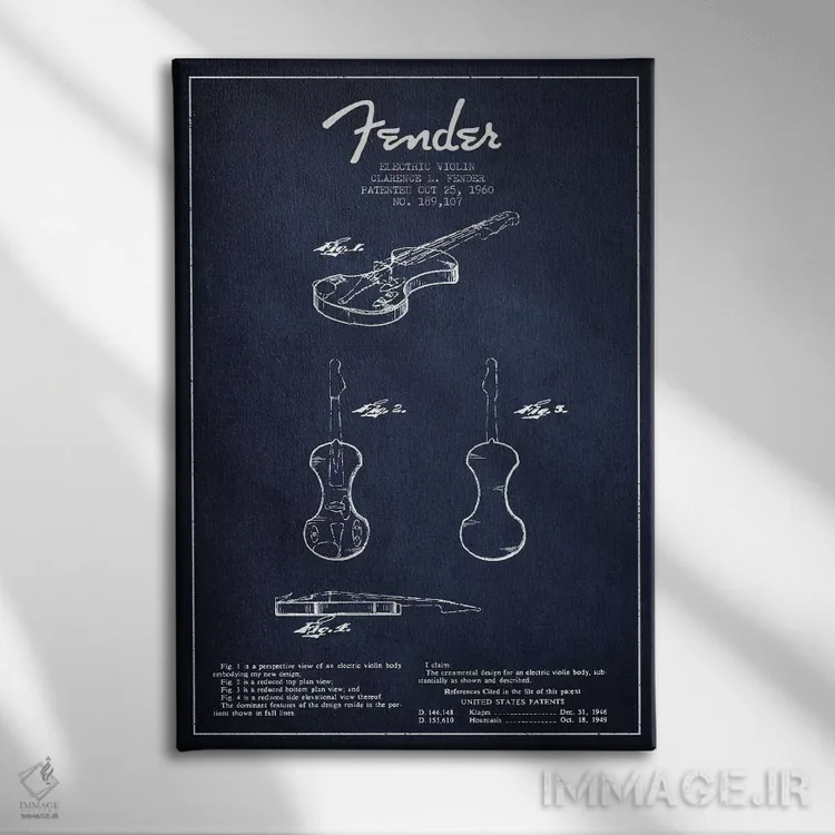 تابلو طرح ثبت اختراع ویولن (آبی نفتی) اثر پیکسل کهنه (استودیو/نام هنری) - نمای روبهرو روی دیوار
