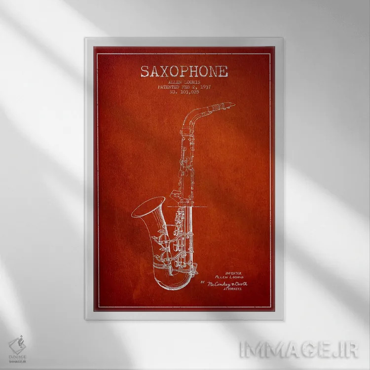 تابلو طرح ثبت اختراع ساکسوفون (قرمز) اثر پیکسل کهنه (استودیو/نام هنری) - نمای قابدار سفید