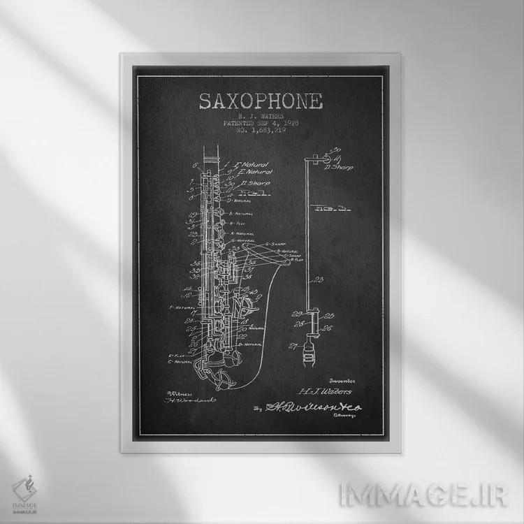 تابلو طرح ثبت اختراع ساکسوفون (زغالی) اثر پیکسل کهنه (استودیو/نام هنری) - نمای قابدار سفید