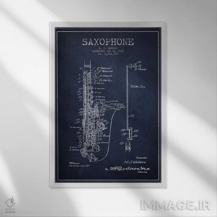 تابلو طرح ثبت اختراع ساکسوفون (آبی نفتی) اثر پیکسل کهنه (استودیو/نام هنری) - نمای قابدار سفید