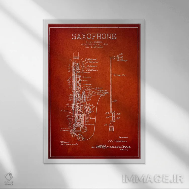 تابلو طرح ثبت اختراع ساکسوفون (قرمز) اثر پیکسل کهنه (استودیو/نام هنری) - نمای قابدار سفید