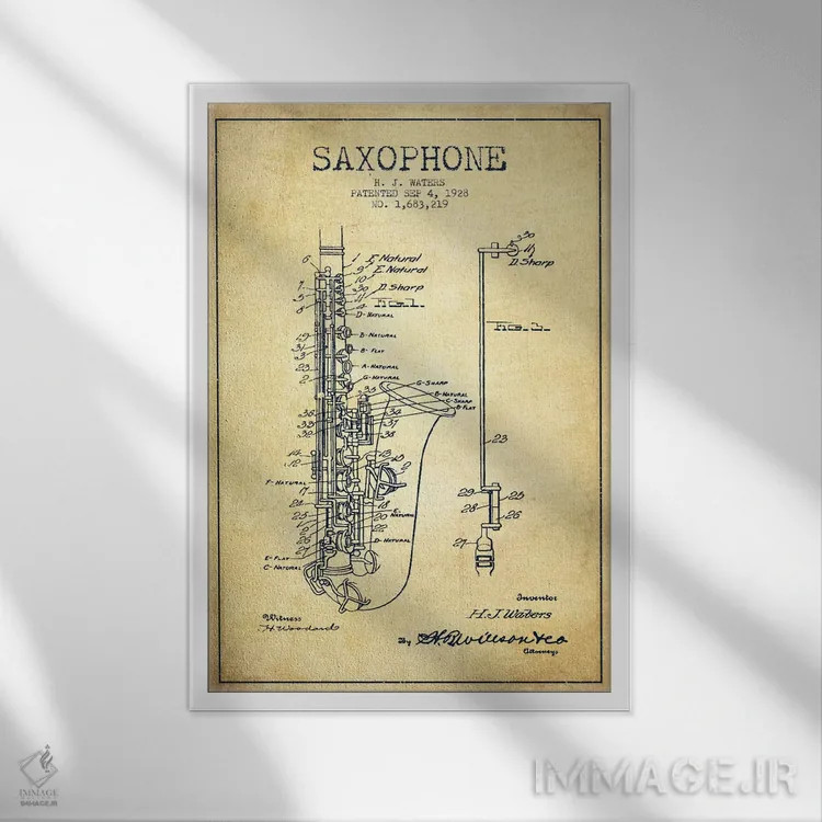 تابلو طرح ثبت اختراع ساکسوفون (کهنه) اثر پیکسل کهنه (استودیو/نام هنری) - نمای قابدار سفید