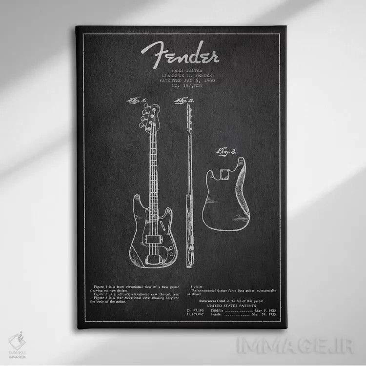 تابلو طرح ثبت اختراع گیتار بیس (زغالی) اثر پیکسل کهنه (استودیو/نام هنری) - نمای روبهرو روی دیوار