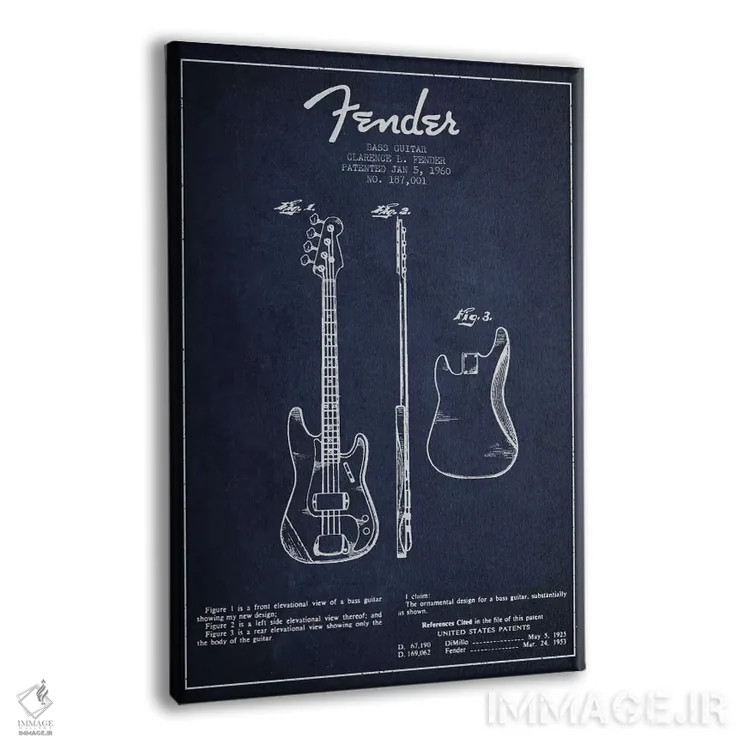 تابلو طرح ثبت اختراع گیتار بیس (آبی نفتی) اثر پیکسل کهنه (استودیو/نام هنری) - نمای پرسپکتیو محصول