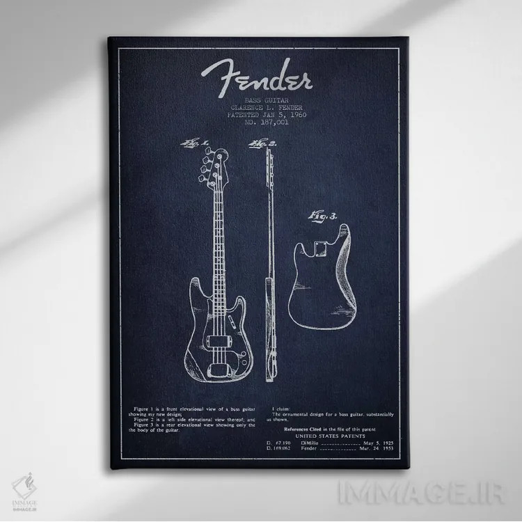 تابلو طرح ثبت اختراع گیتار بیس (آبی نفتی) اثر پیکسل کهنه (استودیو/نام هنری) - نمای روبهرو روی دیوار