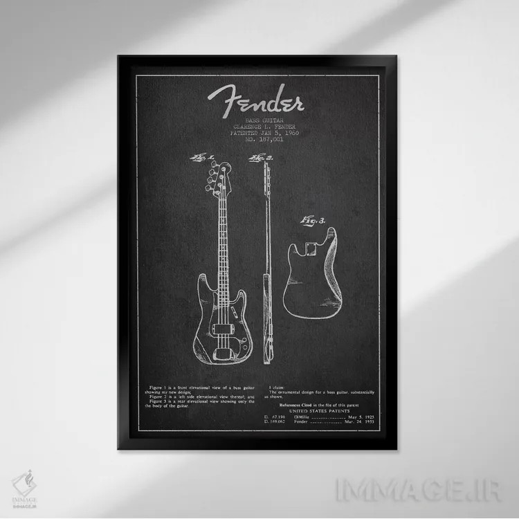تابلو طرح ثبت اختراع گیتار بیس (زغالی) اثر پیکسل کهنه (استودیو/نام هنری) - نمای قابدار مشکی