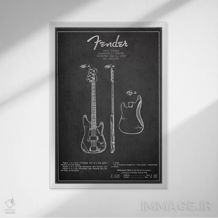 تابلو طرح ثبت اختراع گیتار بیس (زغالی) اثر پیکسل کهنه (استودیو/نام هنری) - نمای قابدار سفید