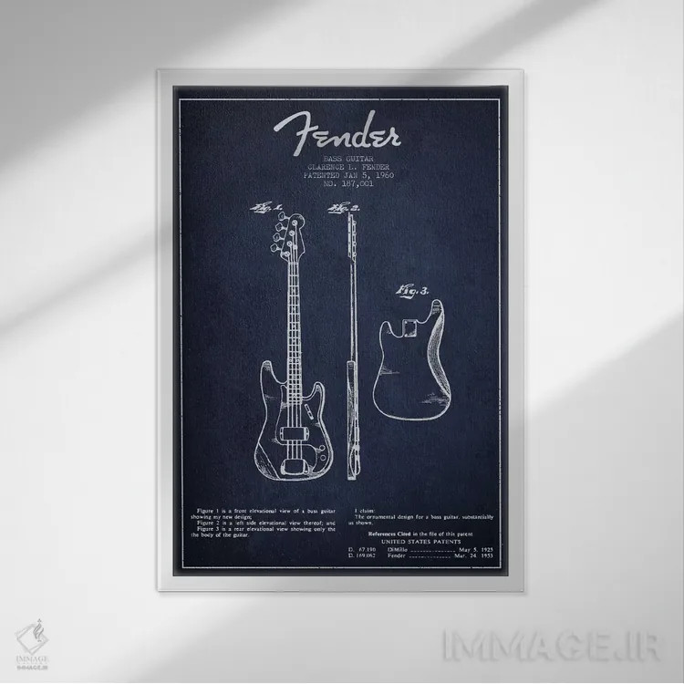 تابلو طرح ثبت اختراع گیتار بیس (آبی نفتی) اثر پیکسل کهنه (استودیو/نام هنری) - نمای قابدار سفید