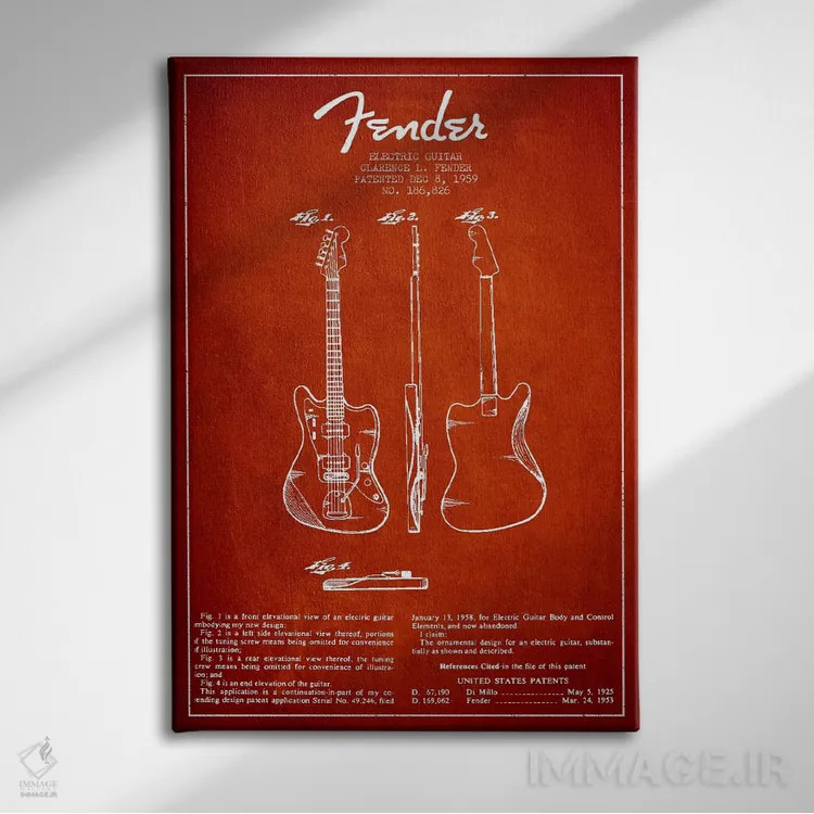 تابلو طرح ثبت اختراع گیتار الکتریک (قرمز) اثر پیکسل کهنه (استودیو/نام هنری) - نمای روبهرو روی دیوار