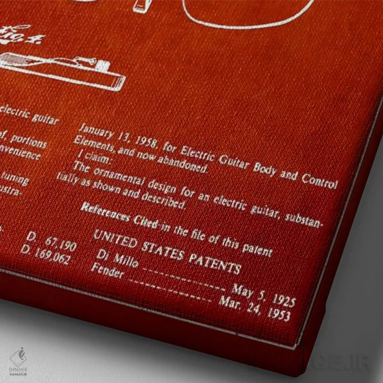 تابلو طرح ثبت اختراع گیتار الکتریک (قرمز) اثر پیکسل کهنه (استودیو/نام هنری) - نمای نزدیک بافت بوم