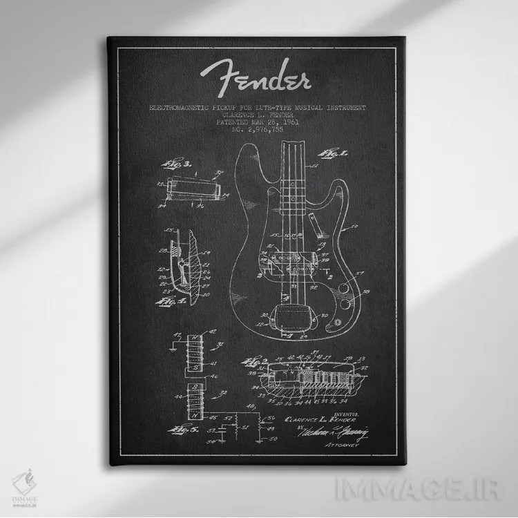 تابلو طرح ثبت اختراع گیتار (زغالی) اثر پیکسل کهنه (استودیو/نام هنری) - نمای روبهرو روی دیوار