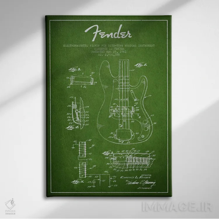 تابلو طرح ثبت اختراع گیتار (سبز) اثر پیکسل کهنه (استودیو/نام هنری) - نمای روبهرو روی دیوار