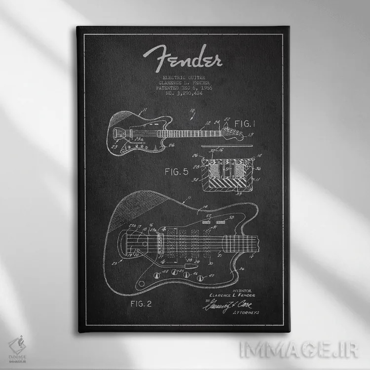 تابلو طرح ثبت اختراع گیتار الکتریک (زغالی) اثر پیکسل کهنه (استودیو/نام هنری) - نمای روبهرو روی دیوار
