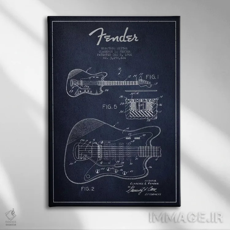 تابلو طرح ثبت اختراع گیتار الکتریک (آبی نفتی) اثر پیکسل کهنه (استودیو/نام هنری) - نمای روبهرو روی دیوار