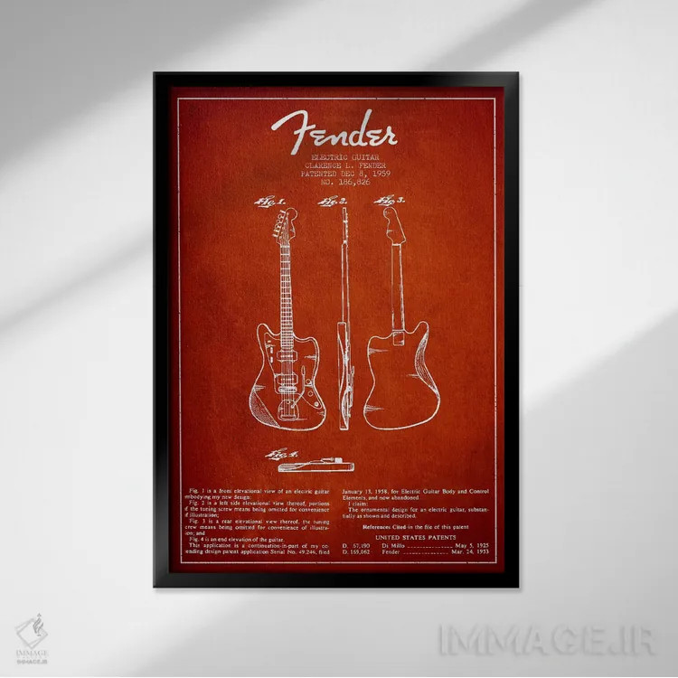تابلو طرح ثبت اختراع گیتار الکتریک (قرمز) اثر پیکسل کهنه (استودیو/نام هنری) - نمای قابدار مشکی