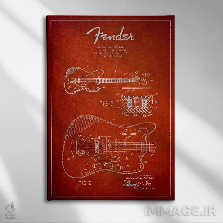تابلو طرح ثبت اختراع گیتار الکتریک (قرمز) اثر پیکسل کهنه (استودیو/نام هنری) - نمای روبهرو روی دیوار
