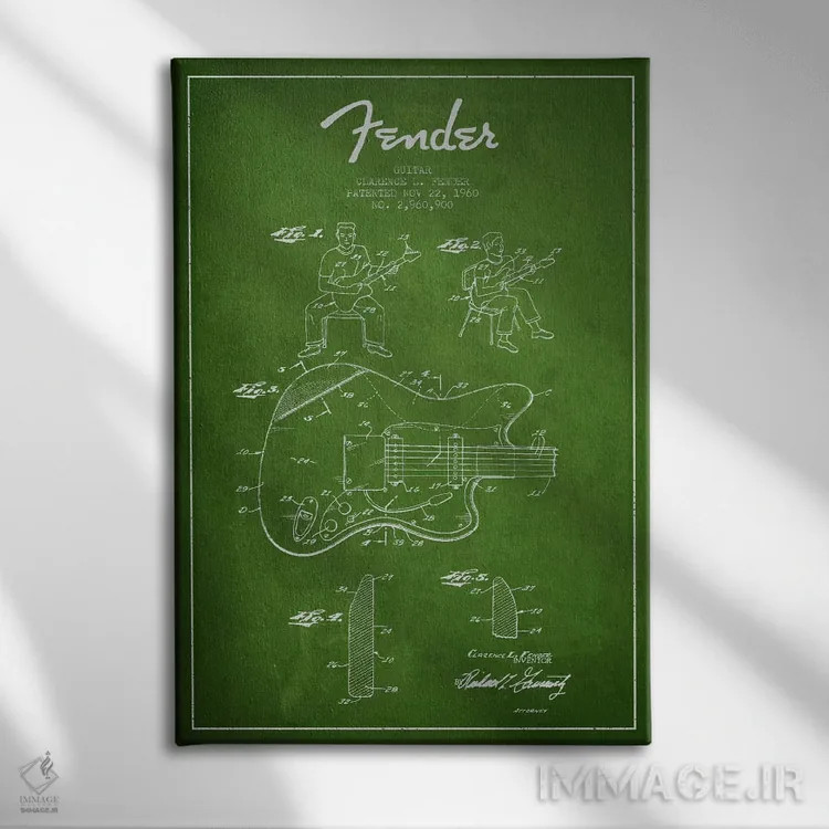 تابلو طرح ثبت اختراع گیتار فندر (سبز) اثر پیکسل کهنه (استودیو/نام هنری) - نمای روبهرو روی دیوار