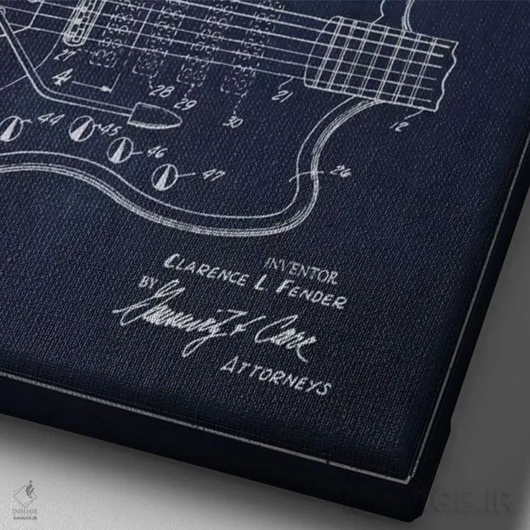 تابلو طرح ثبت اختراع گیتار الکتریک (آبی نفتی) اثر پیکسل کهنه (استودیو/نام هنری) - نمای نزدیک بافت بوم