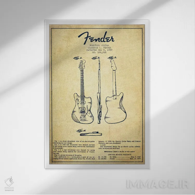 تابلو طرح ثبت اختراع گیتار الکتریک (کهنه) اثر پیکسل کهنه (استودیو/نام هنری) - نمای قابدار سفید