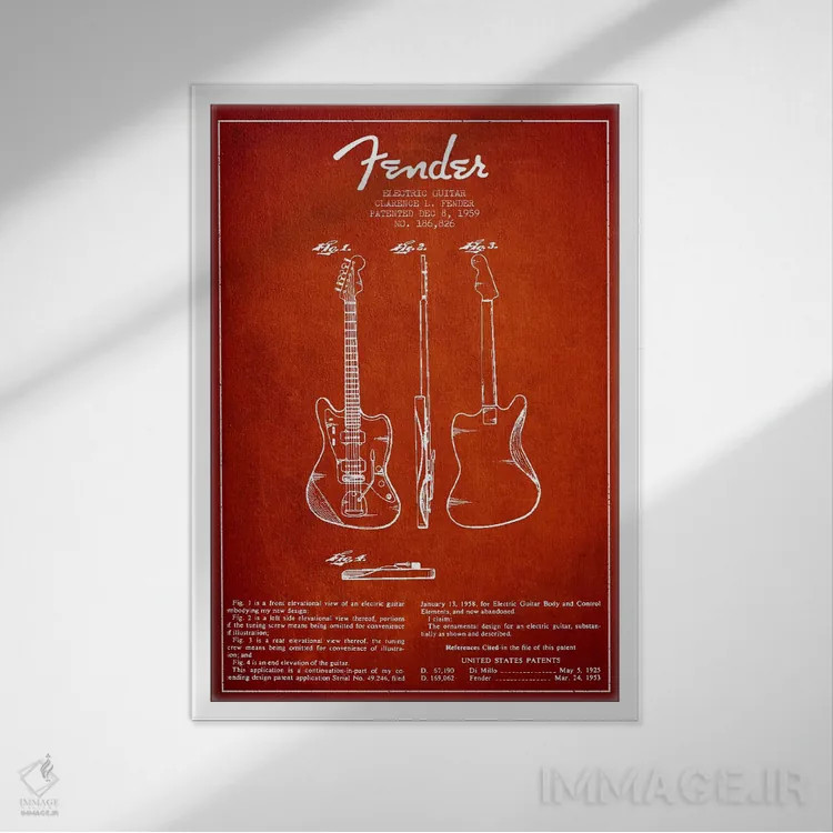 تابلو طرح ثبت اختراع گیتار الکتریک (قرمز) اثر پیکسل کهنه (استودیو/نام هنری) - نمای قابدار سفید