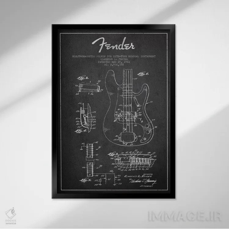 تابلو طرح ثبت اختراع گیتار (زغالی) اثر پیکسل کهنه (استودیو/نام هنری) - نمای قابدار مشکی