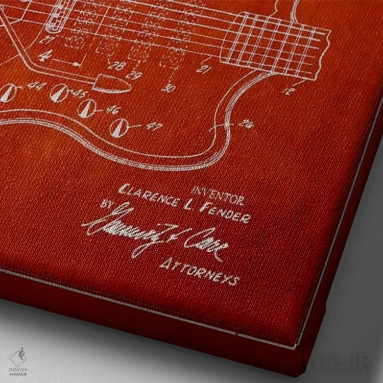 تابلو طرح ثبت اختراع گیتار الکتریک (قرمز) اثر پیکسل کهنه (استودیو/نام هنری) - نمای نزدیک بافت بوم