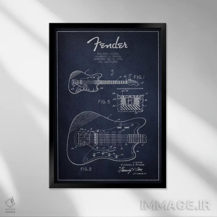 تابلو طرح ثبت اختراع گیتار الکتریک (آبی نفتی) اثر پیکسل کهنه (استودیو/نام هنری) - نمای قابدار مشکی