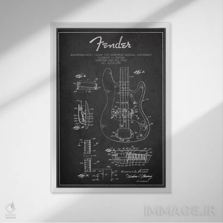 تابلو طرح ثبت اختراع گیتار (زغالی) اثر پیکسل کهنه (استودیو/نام هنری) - نمای قابدار سفید
