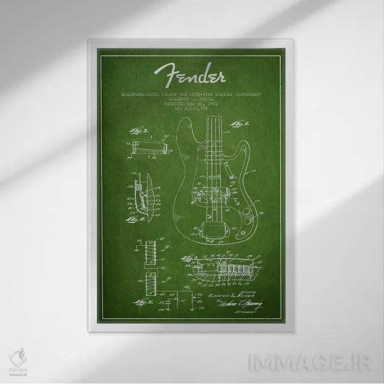 تابلو طرح ثبت اختراع گیتار (سبز) اثر پیکسل کهنه (استودیو/نام هنری) - نمای قابدار سفید