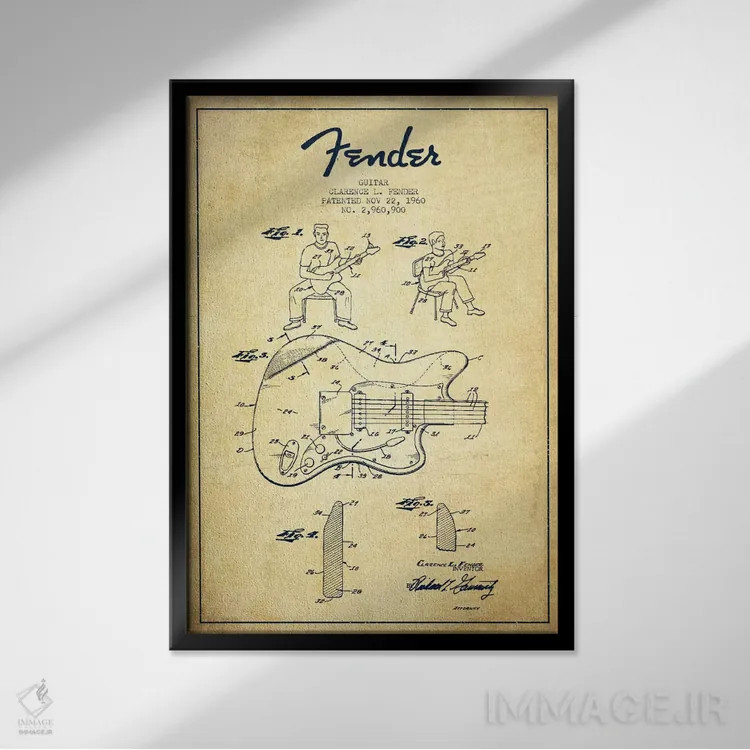 تابلو طرح ثبت اختراع گیتار فندر (کهنه) اثر پیکسل کهنه (استودیو/نام هنری) - نمای قابدار مشکی