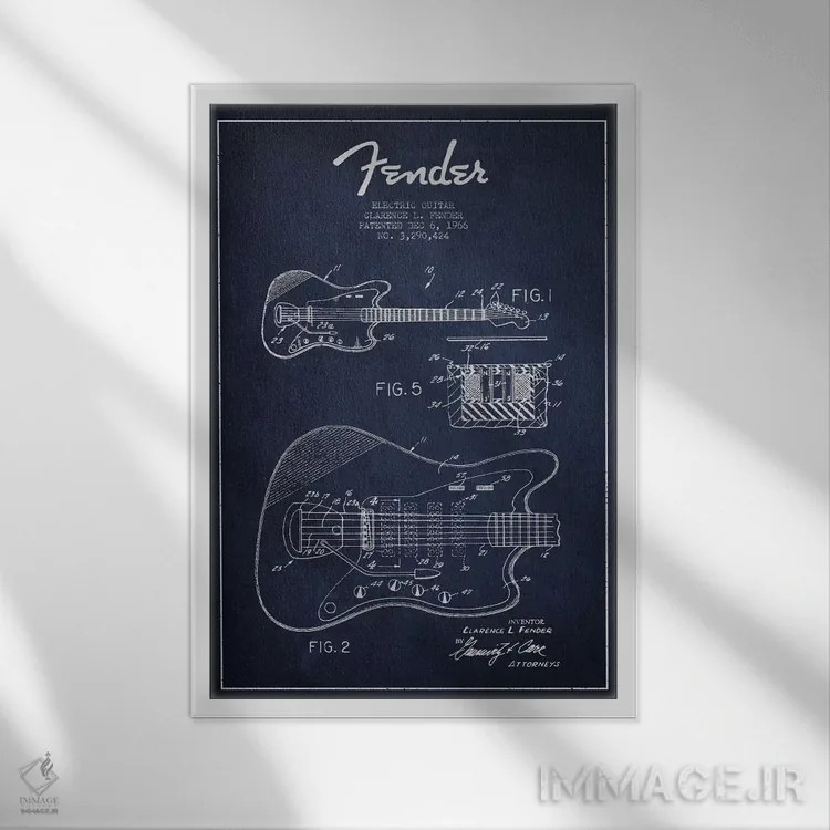 تابلو طرح ثبت اختراع گیتار الکتریک (آبی نفتی) اثر پیکسل کهنه (استودیو/نام هنری) - نمای قابدار سفید