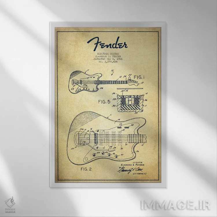 تابلو طرح ثبت اختراع گیتار الکتریک (کهنه) اثر پیکسل کهنه (استودیو/نام هنری) - نمای قابدار سفید