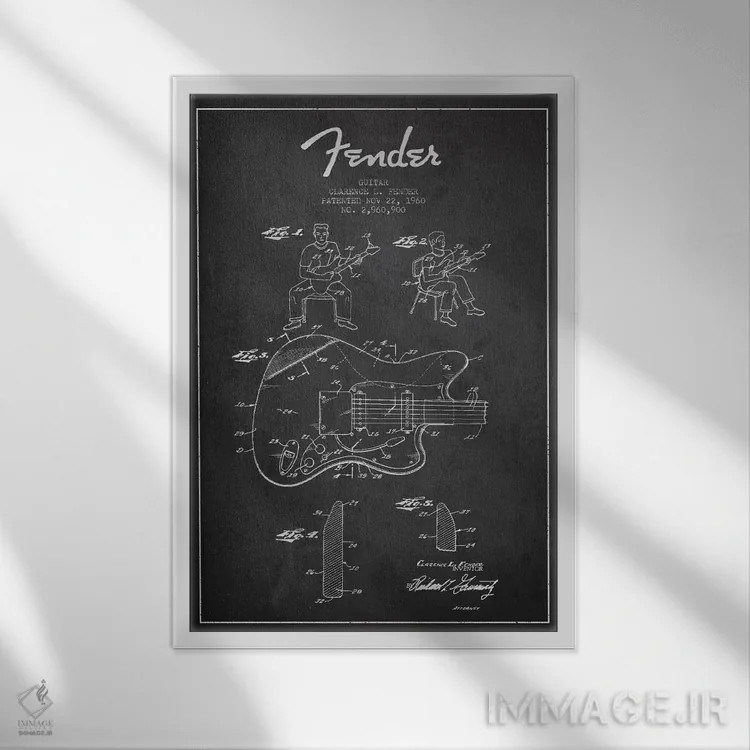 تابلو طرح ثبت اختراع گیتار فندر (زغالی) اثر پیکسل کهنه (استودیو/نام هنری) - نمای قابدار سفید