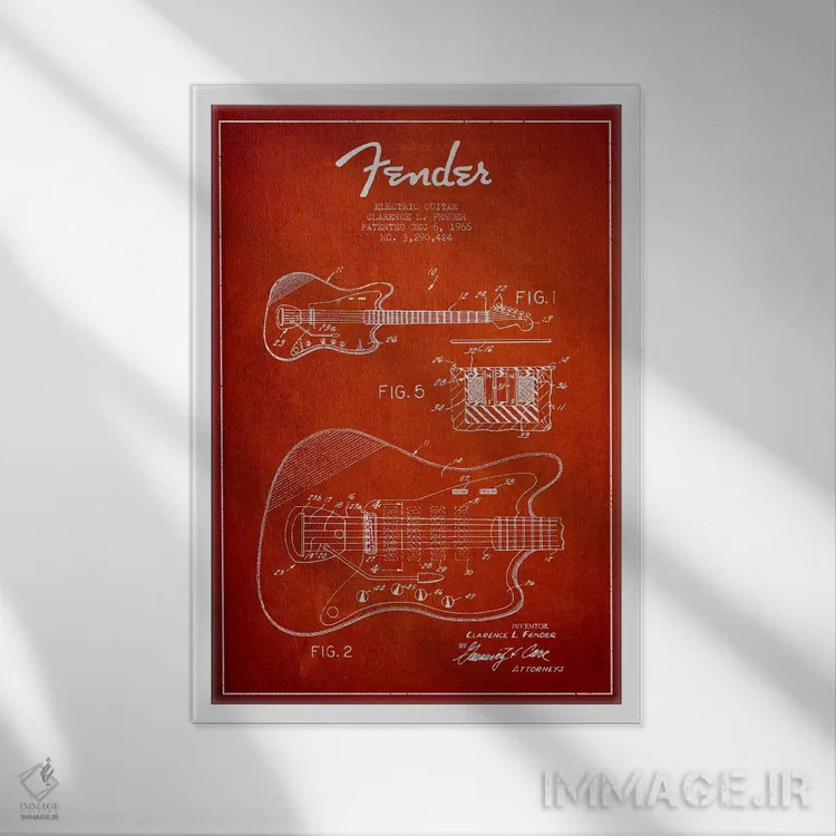 تابلو طرح ثبت اختراع گیتار الکتریک (قرمز) اثر پیکسل کهنه (استودیو/نام هنری) - نمای قابدار سفید