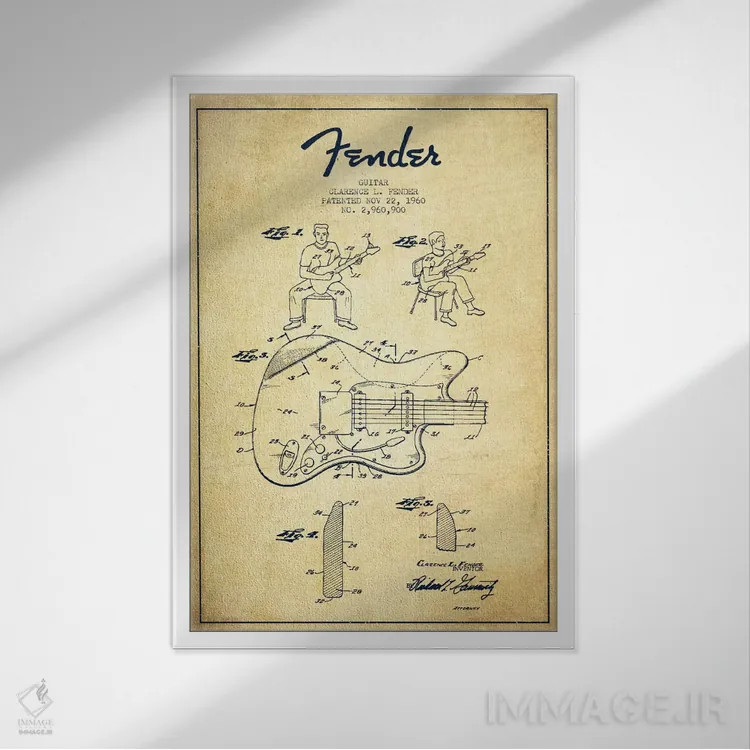 تابلو طرح ثبت اختراع گیتار فندر (کهنه) اثر پیکسل کهنه (استودیو/نام هنری) - نمای قابدار سفید