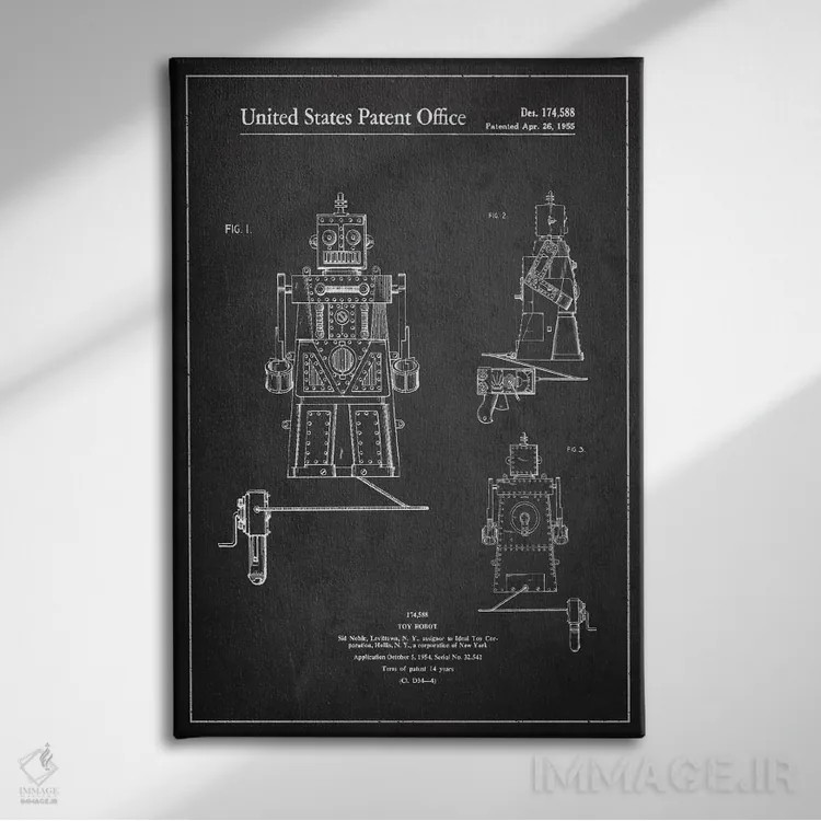 تابلو طرح ثبت اختراع ربات اسباببازی (تیره) اثر پیکسل کهنه (استودیو/نام هنری) - نمای روبهرو روی دیوار