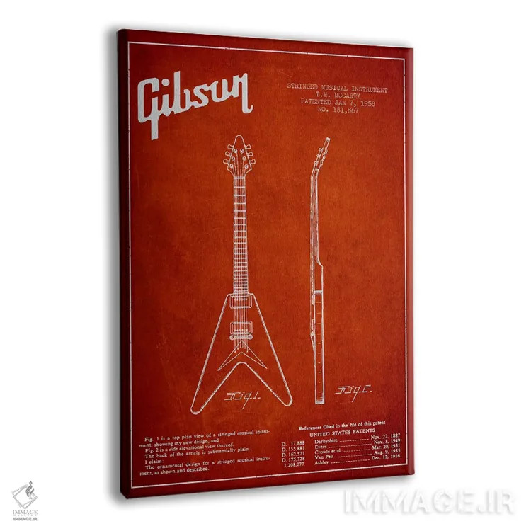 تابلو طرح ثبت اختراع گیتار الکتریک گیبسون (قرمز) اثر پیکسل کهنه (استودیو/نام هنری) - نمای پرسپکتیو محصول