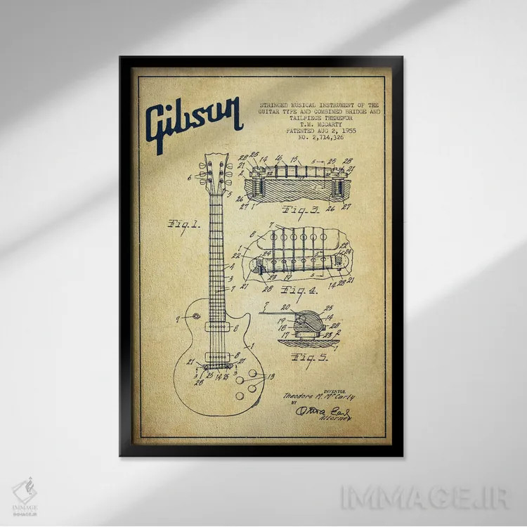 تابلو طرح ثبت اختراع گیتار گیبسون (کهنه) اثر پیکسل کهنه (استودیو/نام هنری) - نمای قابدار مشکی