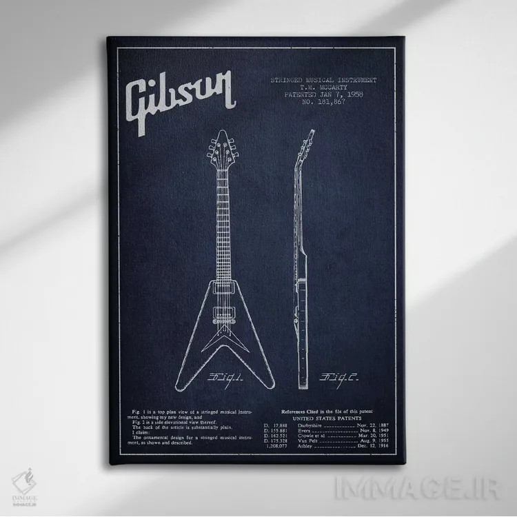 تابلو طرح ثبت اختراع گیتار الکتریک گیبسون (آبی نفتی) اثر پیکسل کهنه (استودیو/نام هنری) - نمای روبهرو روی دیوار
