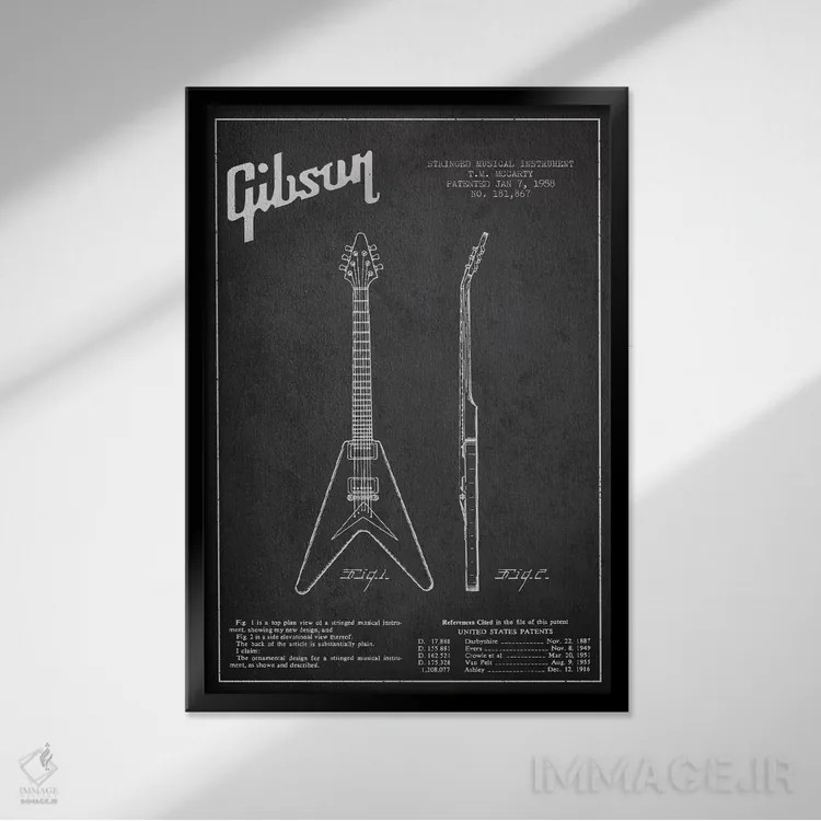 تابلو طرح ثبت اختراع گیتار الکتریک گیبسون (زغالی) اثر پیکسل کهنه (استودیو/نام هنری) - نمای قابدار مشکی