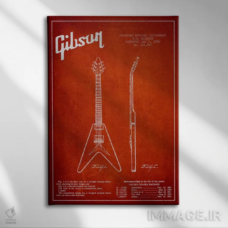 تابلو طرح ثبت اختراع گیتار الکتریک گیبسون (قرمز) اثر پیکسل کهنه (استودیو/نام هنری) - نمای روبهرو روی دیوار
