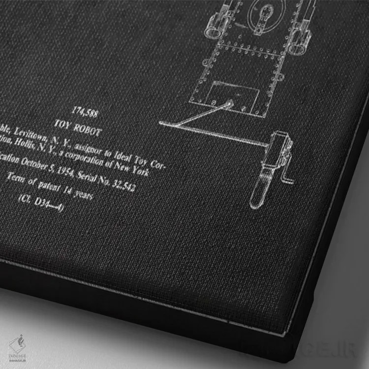 تابلو طرح ثبت اختراع ربات اسباببازی (تیره) اثر پیکسل کهنه (استودیو/نام هنری) - نمای نزدیک بافت بوم