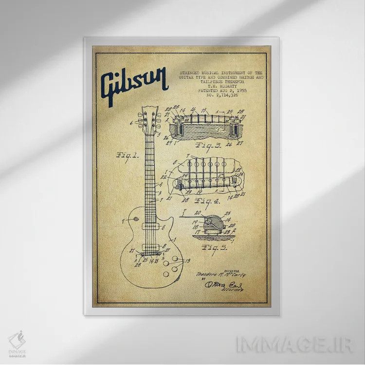 تابلو طرح ثبت اختراع گیتار گیبسون (کهنه) اثر پیکسل کهنه (استودیو/نام هنری) - نمای قابدار سفید