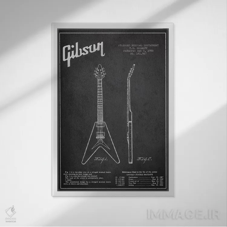 تابلو طرح ثبت اختراع گیتار الکتریک گیبسون (زغالی) اثر پیکسل کهنه (استودیو/نام هنری) - نمای قابدار سفید