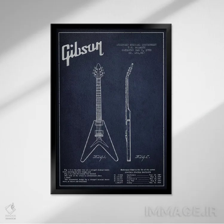 تابلو طرح ثبت اختراع گیتار الکتریک گیبسون (آبی نفتی) اثر پیکسل کهنه (استودیو/نام هنری) - نمای قابدار مشکی