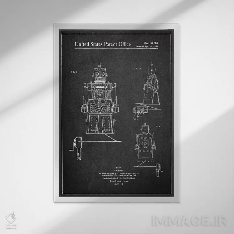 تابلو طرح ثبت اختراع ربات اسباببازی (تیره) اثر پیکسل کهنه (استودیو/نام هنری) - نمای قابدار سفید