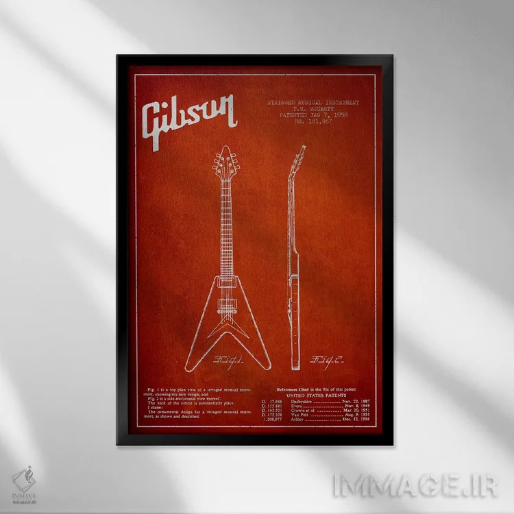 تابلو طرح ثبت اختراع گیتار الکتریک گیبسون (قرمز) اثر پیکسل کهنه (استودیو/نام هنری) - نمای قابدار مشکی