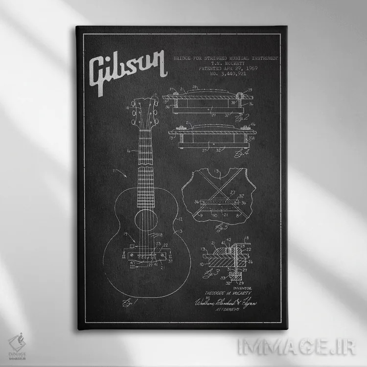 تابلو طرح ثبت اختراع ساز زهی گیبسون (زغالی) اثر پیکسل کهنه (استودیو/نام هنری) - نمای روبهرو روی دیوار